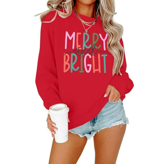 ALLTB Oversized Christmas Pullovers Women Merry Bright Colorful Letter Printed Sweatshirt Cute Christmas Long Sleeve Sweatshirt
