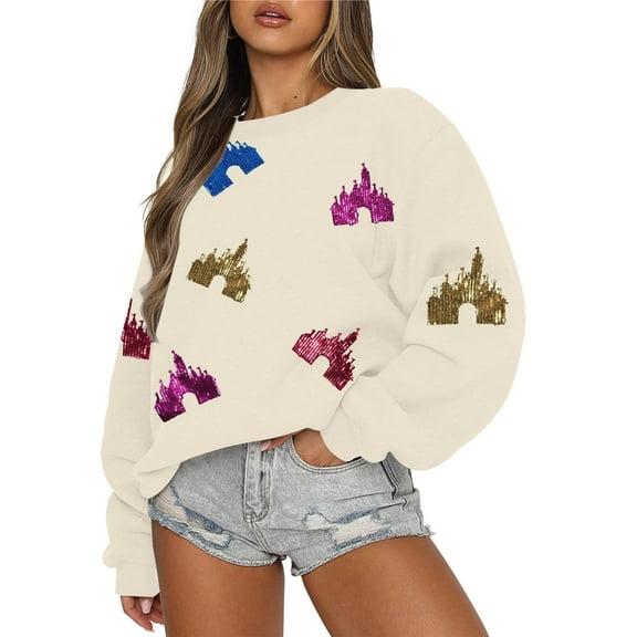 ALLTB Oversized Sequins Sweatshirt Womens Magic Kingdom Castle Long Sleeve Shirt Colorful Graphic Holiday Vacation Pullover Top