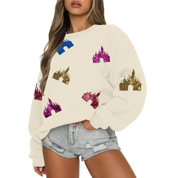 ALLTB Oversized Sequins Sweatshirt Womens Magic Kingdom Castle Long Sleeve Shirt Colorful Graphic Holiday Vacation Pullover Top