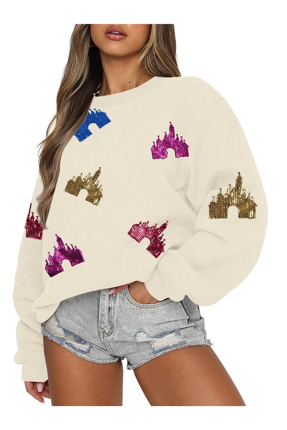 Oversized Sequins Sweatshirt Womens Magic Kingdom Castle Long Sleeve Shirt Colorful Graphic Holiday Vacation Pullover Top