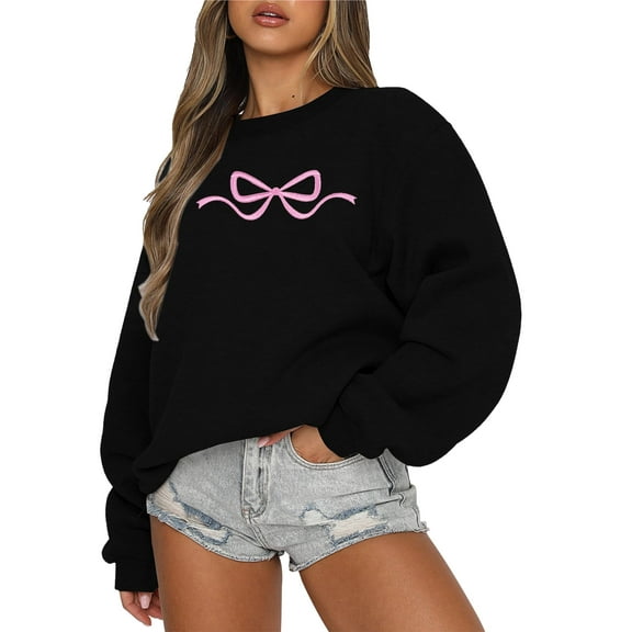 ALLTB Pink Bow Sweatshirt Coquette Long Sleeve Sweater Y2k Cute Clean Girl Aesthetic Shirt Crew Neck Pullover