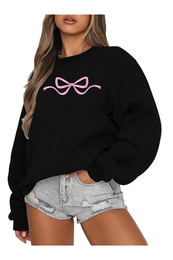 Pink Bow Sweatshirt Coquette Long Sleeve Sweater Y2k Cute Clean Girl Aesthetic Shirt Crew Neck Pullover