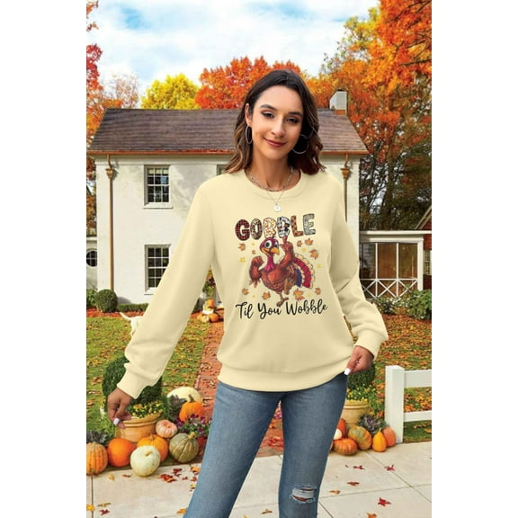 ALLTB Thanksgiving Shirts for Women Gobble Til You Wobble Sweatshirt Funny Turkey Day Shirt Fall Long Sleeve Pullover Tops, M