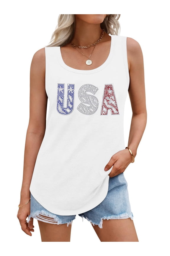 USA Sequin Tank Top Woman Sparkly American Flag Sleeveless Tee Glitter Patriotic Shirts Bling 4th of July Vest Tops