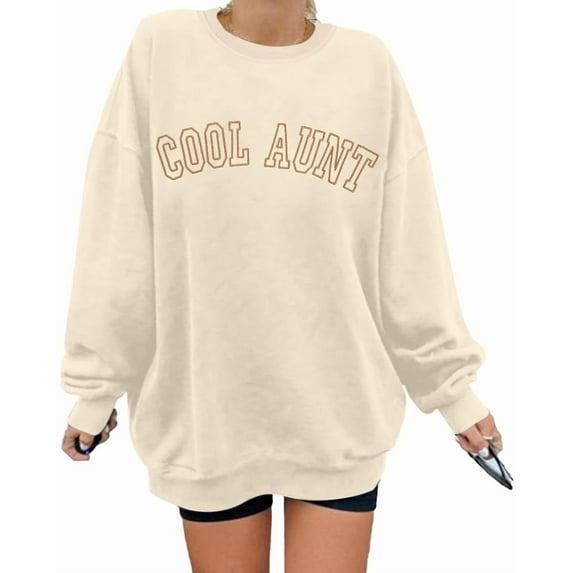 ALLTB Women Cool Aunts Sweatshirt Auntie Letter Print Oversized Pullover Tops Embroidered Long Sleeve Lightweight Sweater