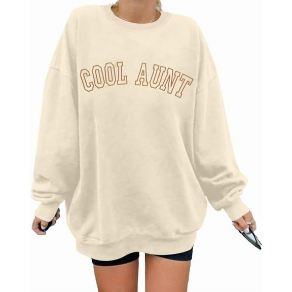 ALLTB Women Cool Aunts Sweatshirt Auntie Letter Print Oversized Pullover Tops Embroidered Long Sleeve Lightweight Sweater