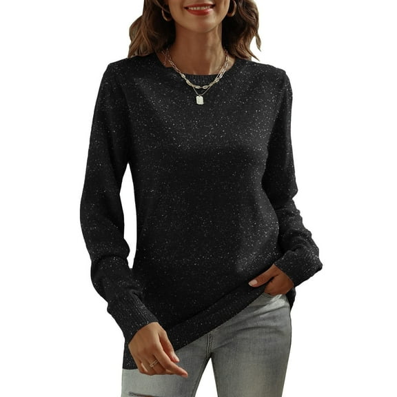 ALLTB Women's Long Sleeve Glitter Shirt Crewneck Pullover Sweater Basic Casual Solid Color Tunic Tops Soft Sweatshirt
