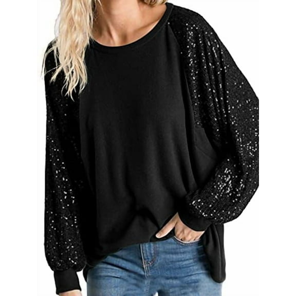 ALLTB Women's Sequin Tops Sparkle Long Sleeve Blouses Shimmer Glitter Sweatshirt Party Crewneck Loose Fit Shirts, Black