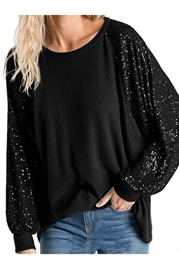 Women's Sequin Tops Sparkle Long Sleeve Blouses Shimmer Glitter Sweatshirt Party Crewneck Loose Fit Shirts, Black