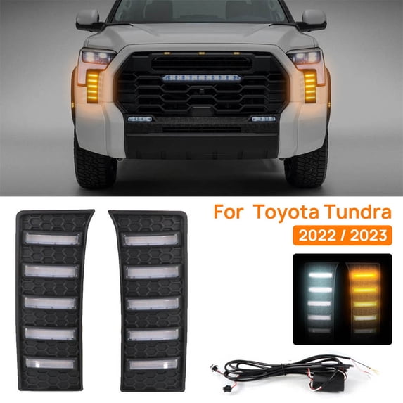 ALLTIMES 2PCS LED Daytime Running Lights Fog Lamp Exterior Decorative Lights for Toyota Tundra 2022 2023, White for DRL, Yellow for Turn Signal & Flowing Light