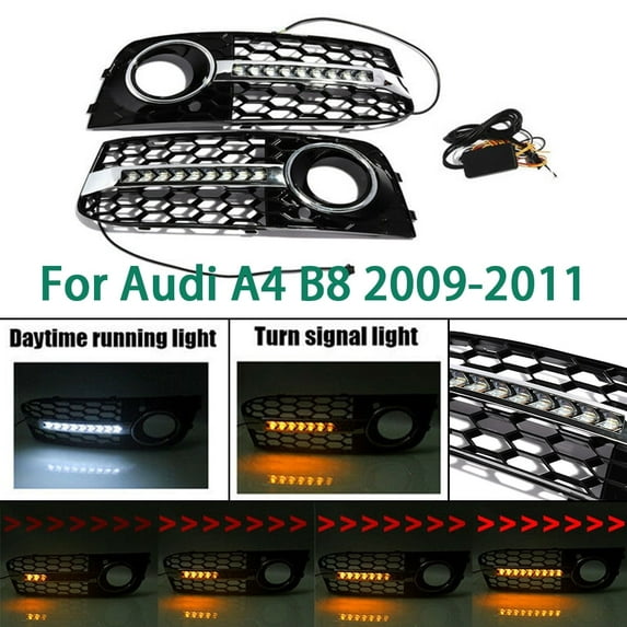 ALLTIMES Flowing LED Style Fog Light Grilles for Audi A4 B8 2009-2011, Yellow Flowing Turn Signal and White Daytime Running Lights