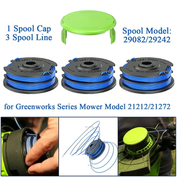 ALLTIMES String Trimmers Replacement Spool Cap Spool Line for Greenworks Series Mower Model 21212/21272 for Cordless Weeder Mower, 1Cap + 3Line