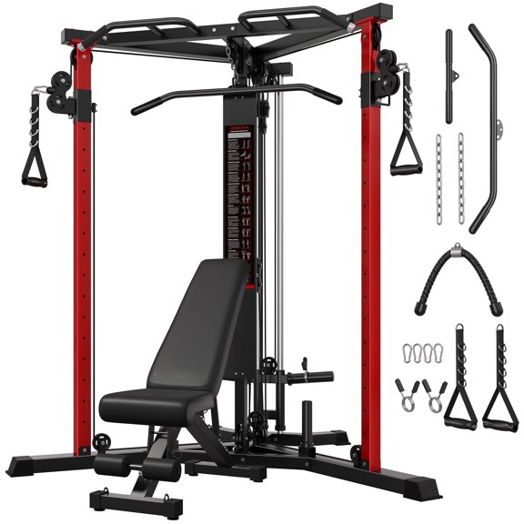 ALLVIATE Cable Crossover Machine with High and Low Pulley System, Functional Trainer with Pull Up Bars, Cable Machine for Home Gym Power Workout,Red,Equipped with Weight Bench Package