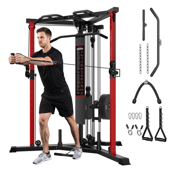 ALLVIATE Cable Crossover Machine with High and Low Pulley System, Functional Trainer with Pull Up Bars and Optional Bundle, Cable Machine for Home Gym Power Workout,Red