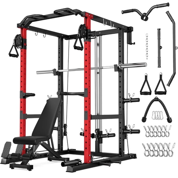 ALLVIATE Power Cage Rack, 2000LBS Squat Rack with with Cable Crossover System&LAT Pull Down System, Multi-Function Workout Cage for Home&Garage Gym, Red ,with Barbell and Weight Bench