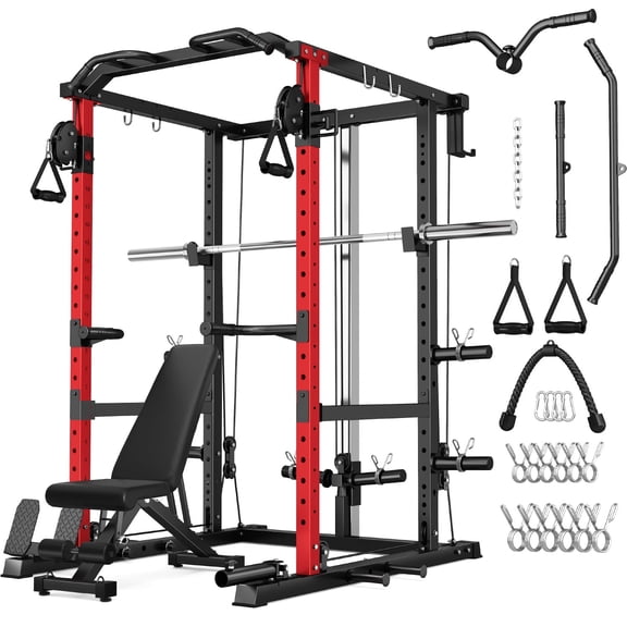 ALLVIATE Power Cage Rack, 2000LBS Squat Rack with with Cable Crossover System&LAT Pull Down System, Multi-Function Workout Cage for Home&Garage Gym, Red ,with Barbell and Weight Bench