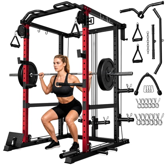 ALLVIATE Power Cage Rack, 2000LBS Squat Rack with with Cable Crossover System&LAT Pull Down System, Multi-Function Workout Cage for Home&Garage Gym, Red