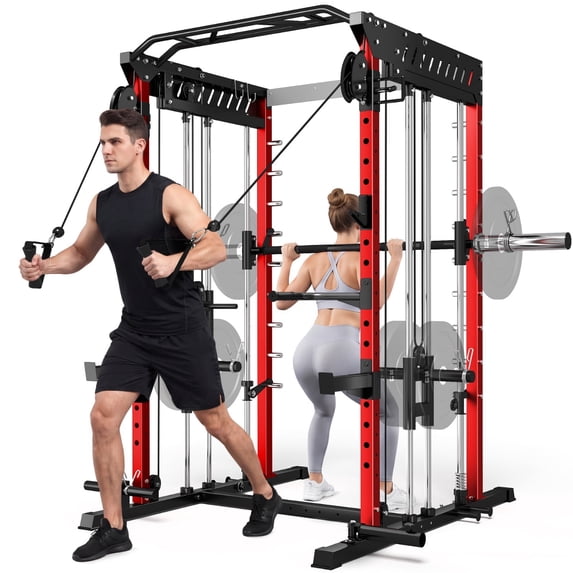 Allivate Smith Machine,2000lb All-in-One Squat Rack with Smith Bar and Attachments, Multi-Function Power Cage with Dual Pulley Cable Crossover System,Workout Machine for Home Gym