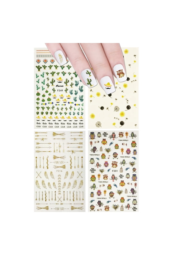 4 Sheets Nail Stickers Nail Art Nail Decal Set - Owls & Cactus Nail Stickers