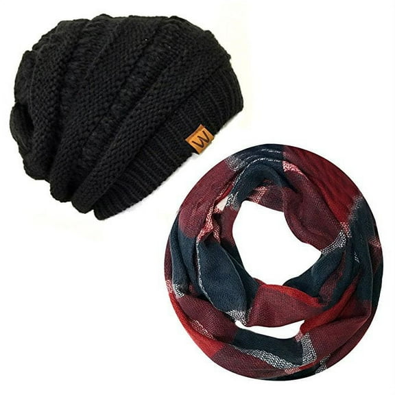 ALLYDREW Fashionable Plaid Infinity Circle Scarf & Slouchy Beanie Set - Midnight Berry Scarf & Black Beanie