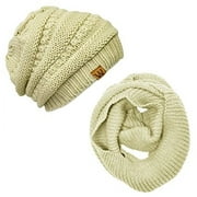 ALLYDREW Thick Knitted Winter Infinity Circle Scarf and Slouchy Beanie Set, Beige