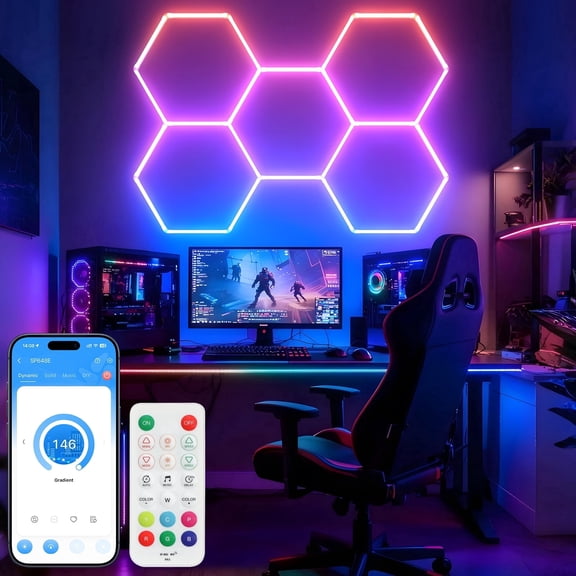 ALLYES Hexagon RGB LED Lights, Color Changing Wall Ceiling Lights with Music Sync Dimmable Speed Adjustable Modes, App Remote Control for Gaming Room, Bar, Party, Gym