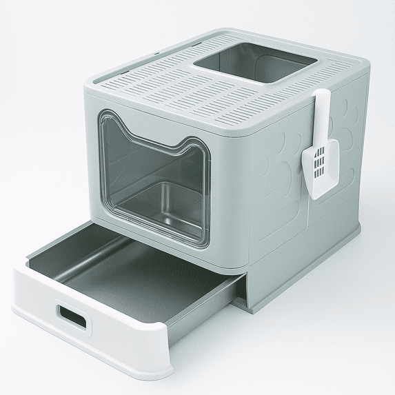 ALLYUU Foldable Enclosed Stainless Steel Cat Litter Box with Lid, Top Entry, Anti-Splashing, Easy to Clean, Blue