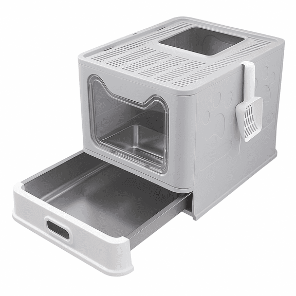 ALLYUU Foldable Enclosed Stainless Steel Cat Litter Box with Lid, Top Entry, Anti-Splashing, Easy to Clean, Gray