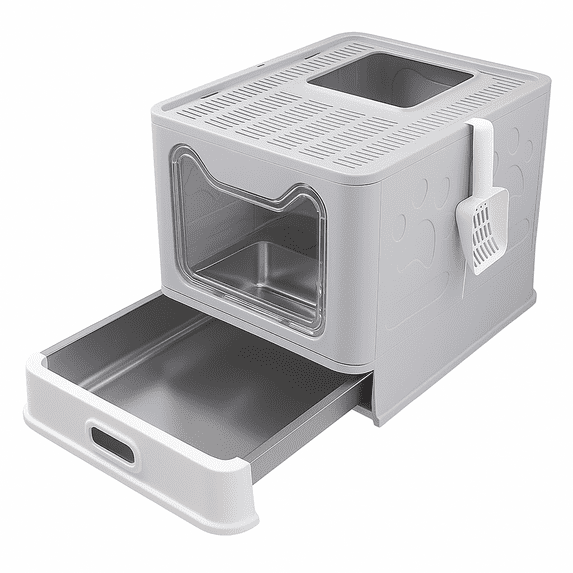 ALLYUU Foldable Enclosed Stainless Steel Cat Litter Box with Lid, Top Entry, Anti-Splashing, Easy to Clean, Gray