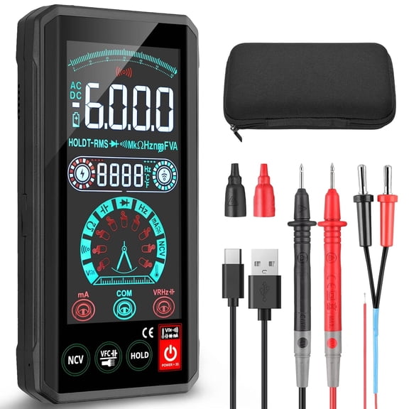 ALLmeter USB Rechargeable Smart Touch Digital Multimeter 6000 counts Portable TRMS Auto Ranging Voltmeter AC/DC,Voltage,Resistance,Capacitance,Temperature NCV/VFC Large Display,Backlight