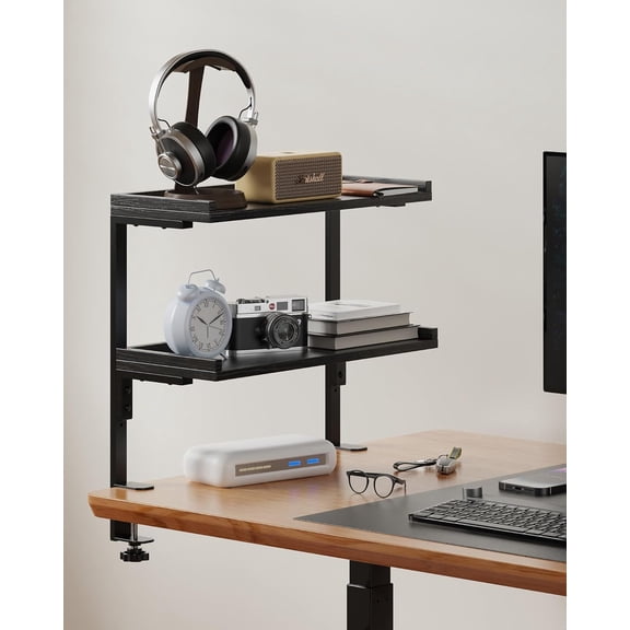 Clamp On Desk Shelf 2-Tier, 16.5 in Wood Shelving Unit for Office Desk/Gaming Accessories, Tabletop Book Storage Rack, Shelf for Top of Desk, Black