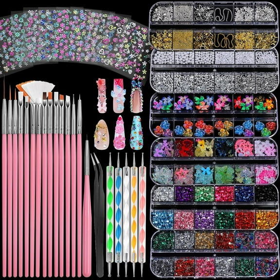 ALM Nail Art Brushes, Nail Art Kit with 15 Pcs Nail Art Brush, 5 Pcs Dotting Tools, 6 Box Nail Charms and Gems, 10 Sheet Flower Nail Stickers, Complete Nail Decoration Art with Nail Art Brushes