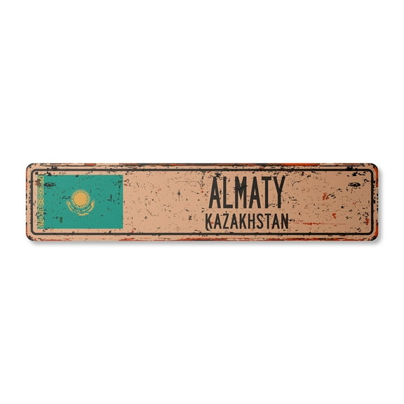 ALMATY KAZAKHSTAN Vintage Aluminum Street Sign Kazakhstani flag city country road rustic metal tin wall gift | Indoor/Outdoor | 30" Wide