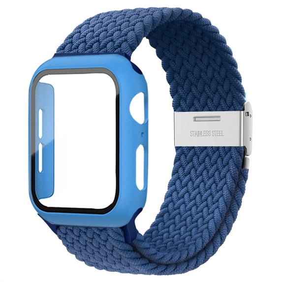 ALMNVO Braided Solo Loop Band Compatible with Apple Watch Bands with Case 41mm 38mm 40mm,Stretch Nylon Elastic Strap with Glass Screen Protector Case for iWatch Series 7 6 SE 5 4 3 2 1