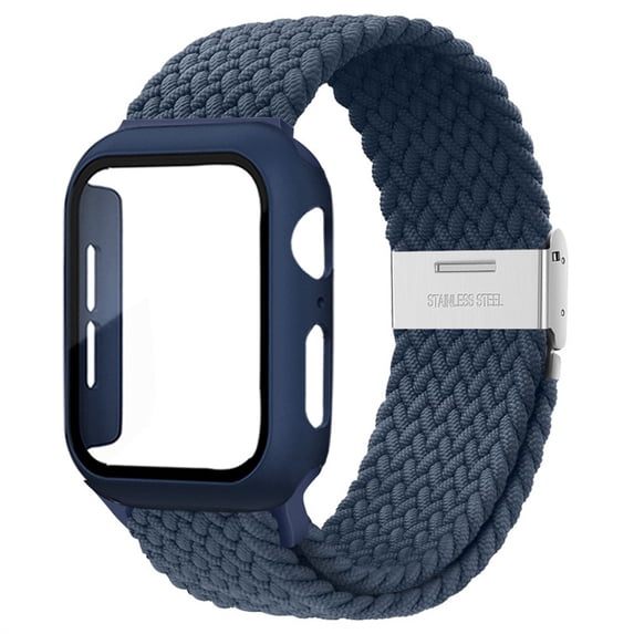 ALMNVO Braided Solo Loop Band Compatible with Apple Watch Bands with Case 45mm 44mm 42mm ,Stretch Nylon Elastic Strap with Glass Screen Protector Case for iWatch Series 7 6 SE 5 4 3 2 1