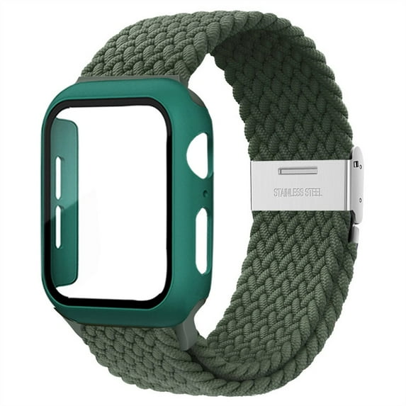 ALMNVO Braided Solo Loop Band Compatible with Apple Watch Bands with Case 45mm 44mm 42mm ,Stretch Nylon Elastic Strap with Glass Screen Protector Case for iWatch Series 7 6 SE 5 4 3 2 1