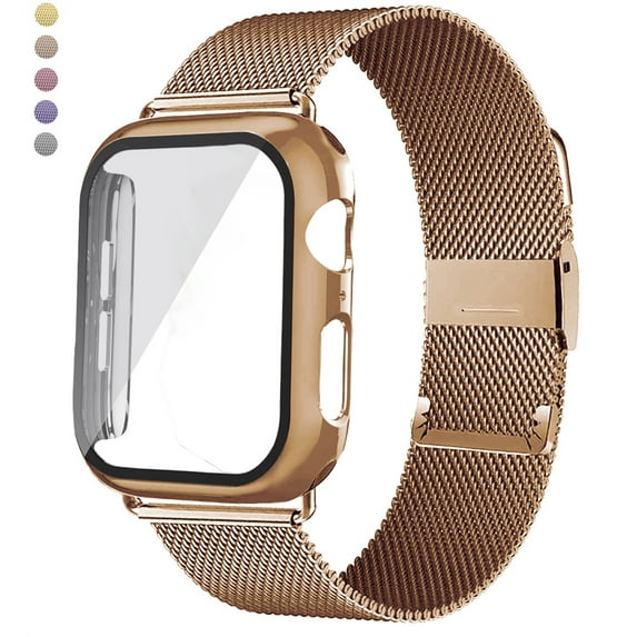 ALMNVO Milanese Loop Band + Case Compatible with Apple Watch 40mm, Stainless Steel Strap Mesh Metal Wrist and Glass Screen Protector Cover for iWatch Series SE 6 5 4
