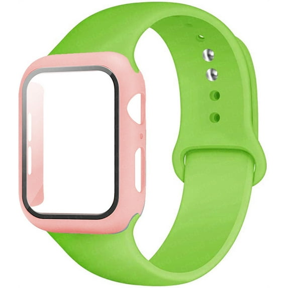 ALMNVO Silcioen Strap + Case Compatible with Apple Watch Bands 40mm 38mm 44mm 42mm Women Men Screen Protector Tempered Glass Cove With Sport Bracelet Silicone Band for iWatch Series SE 6 5 4 3 2 1
