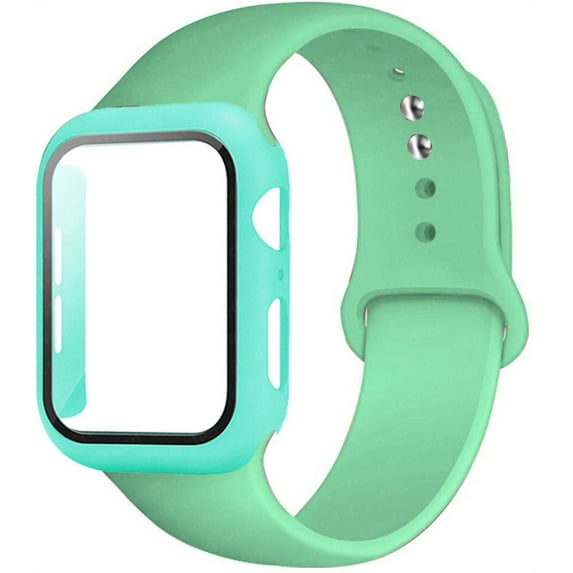 ALMNVO Silcioen Strap + Case Compatible with Apple Watch Bands 40mm 38mm 44mm 42mm Women Men Screen Protector Tempered Glass Cove With Sport Bracelet Silicone Band for iWatch Series SE 6 5 4 3 2 1