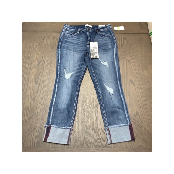 ALMOST FAMOUS Womens Navy Pocketed Zippered Mid-rise High-cuff Distressed Skinny Jeans Juniors 5