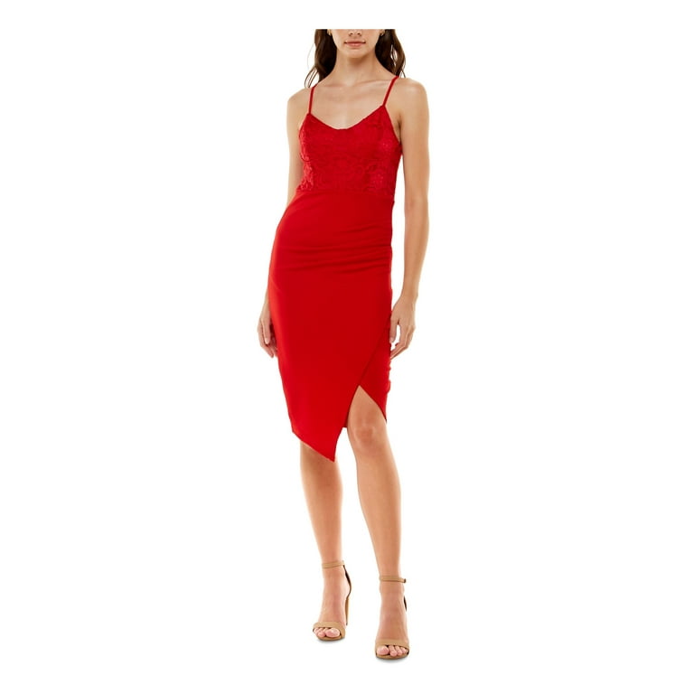 ALMOST FAMOUS Womens Red Stretch Lace Textured Asymmetrical Hem Ruched  Spaghetti Strap Scoop Neck Below The Knee Cocktail Body Con Dress Juniors M