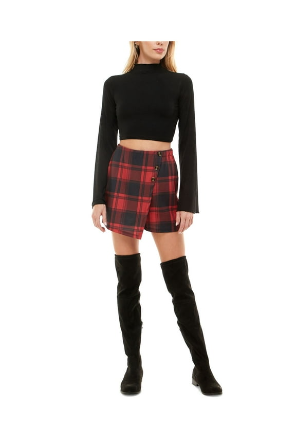 Womens Red Stretch Textured Button Detail Skort Color Block Long Sleeve Mock Neck Mini Party Fit + Flare Dress M