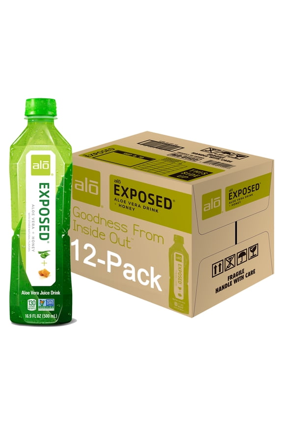 Exposed Aloe Vera Juice Drink + Honey, 12 x 16.9 Fl oz bottles, Made with Real Aloe Vera Pulp & Juice Straight from the Leaf, Plant-Based with Real Pulp