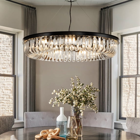 ALOADECOR W32" Modern and Contemporary Glam U-Shaped Crystal Chandelier in Matte Black Finish Circular Crystal Chandeliers Ring Ceiling Light for Dining Room Living Room