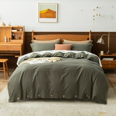 ALOANES Hypoallergenic Washed Cotton 3 Piece Duvet Cover Set with Button closure(Gray, King)