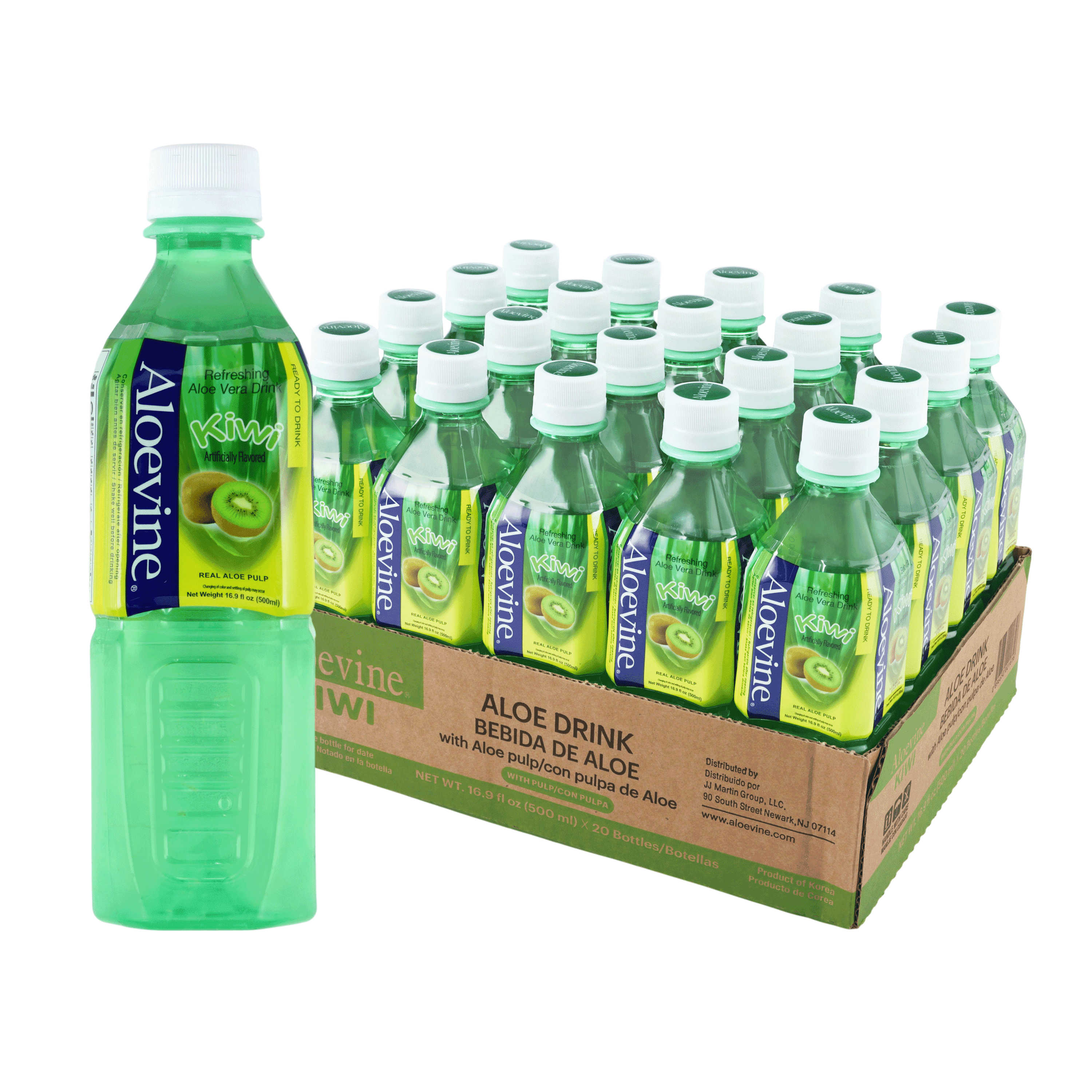 Aloevine Kiwi Aloe Vera Drink with Aloe Pulp, 16.9 fl oz, 20 Count Bottles