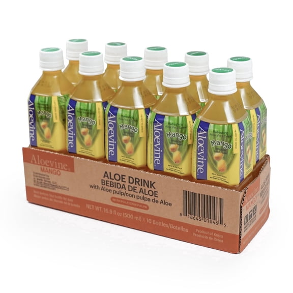 Aloevine Mango Aloe Vera Drink with Aloe Pulp, 16.9 fl oz, 10 Count Bottles