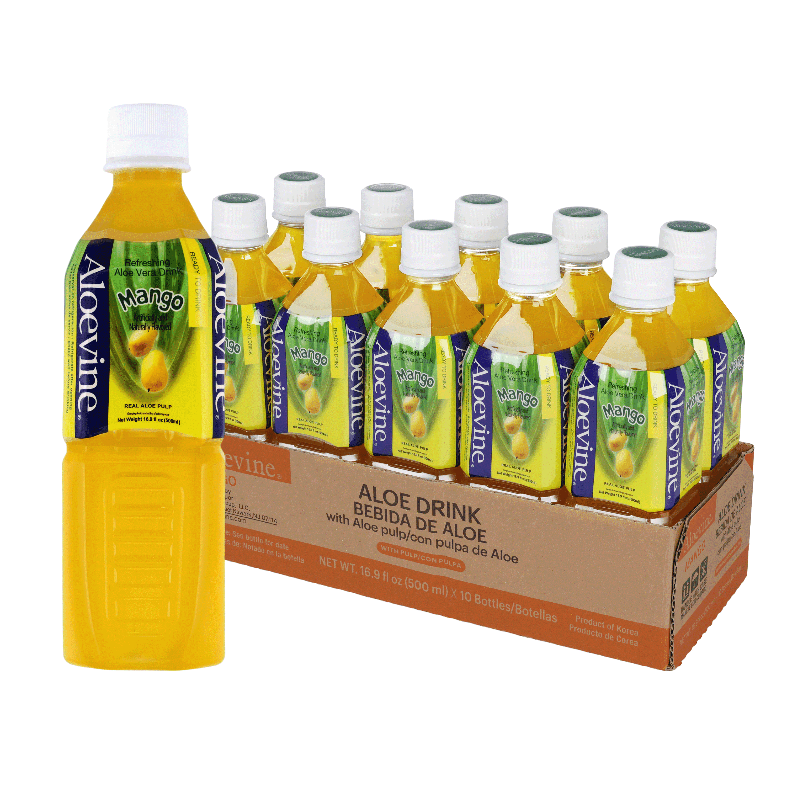 Aloevine Mango Aloe Vera Drink with Aloe Pulp, 16.9 fl oz, 10 Count Bottles