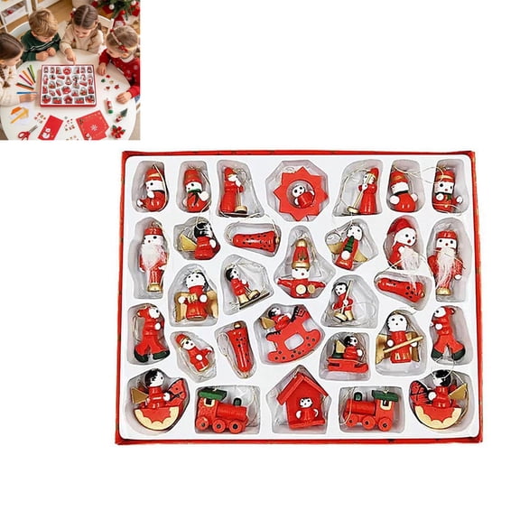 ALOEWXXR 30 Pcs Wooden Christmas Ornaments, Vintage Mini Wooden Figures Hanging Ornaments for Xmas Tree, Miniature Wood Ornaments for Wreath Mantel