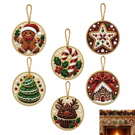 ALOEWXXR 6 Pcs Diamond Art Christmas Ornaments, DIY Pearl & Rhinestone Wooden Pendant Kit with Twine for Xmas Tree Holiday Hanging Decor